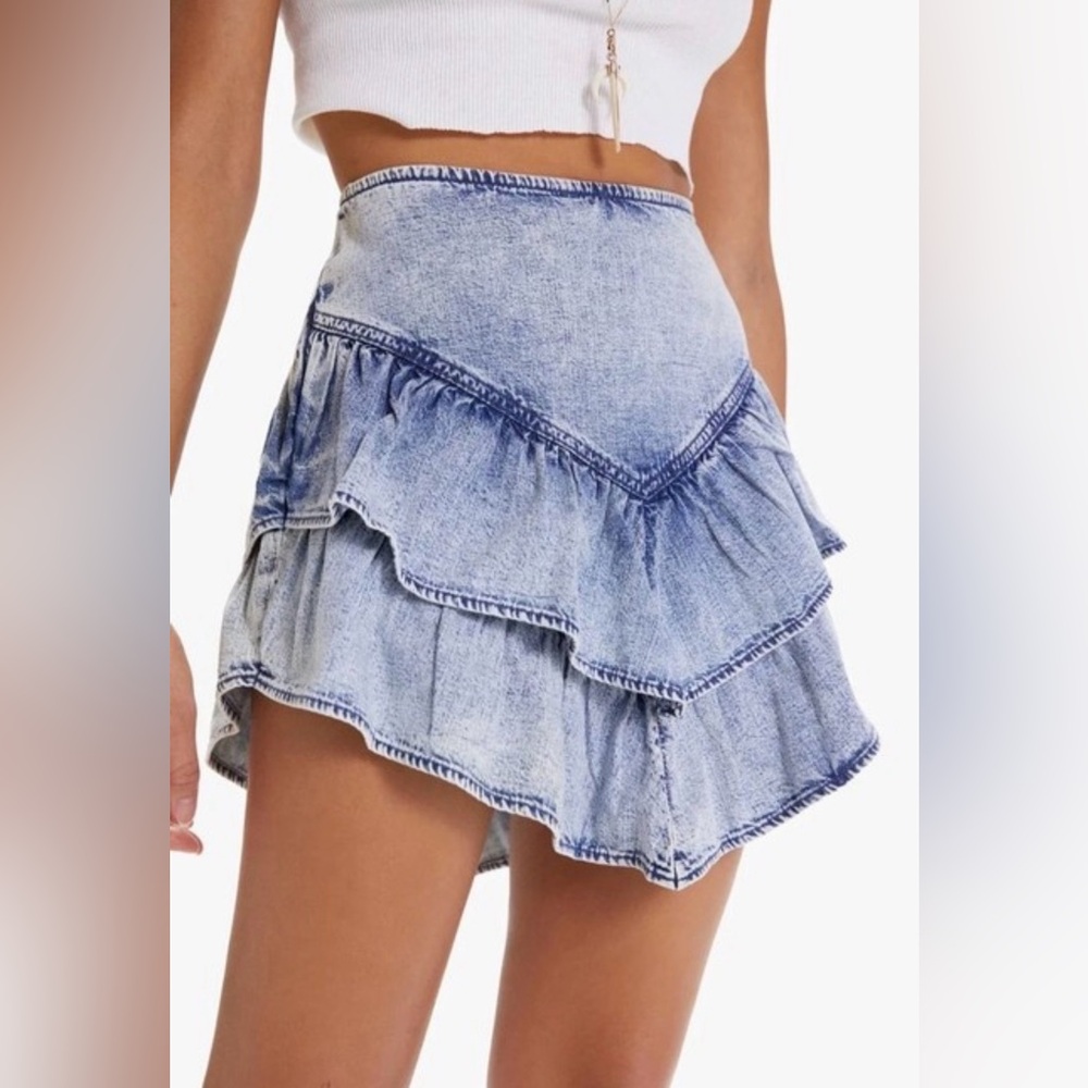 MOTHER Light Blue Tiered Ruffle Denim Mini Skirt